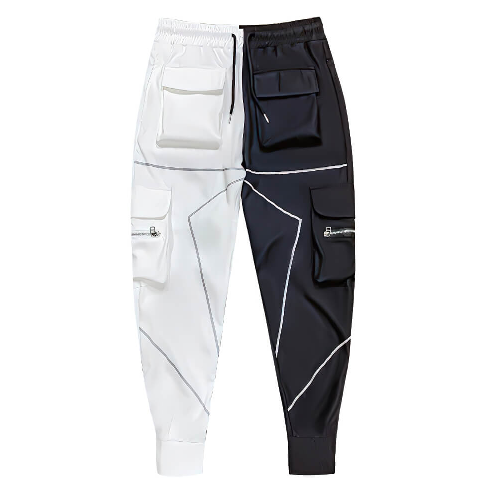Fashion men's patchwork cargo trousers in black and white with pockets, perfect for a trendy alternative look.