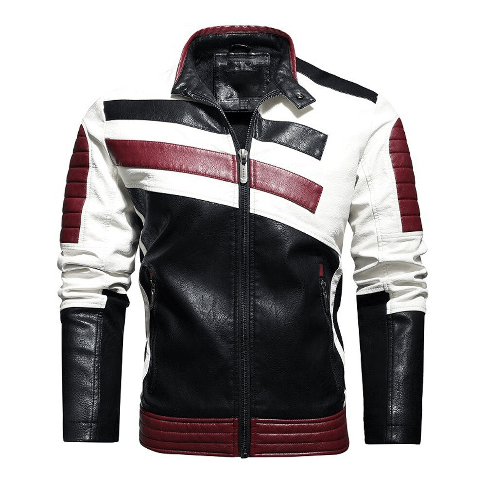 Stylish men's zipper PU motorcycle jacket in black, white, and red. Perfect for autumn and casual biker fashion.