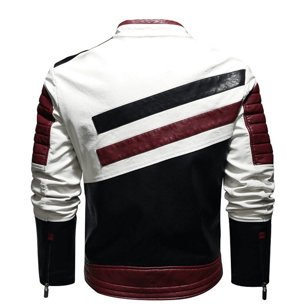 Men's fashionable zipper PU jacket in motorcycle style with a striking black, white, and maroon design.