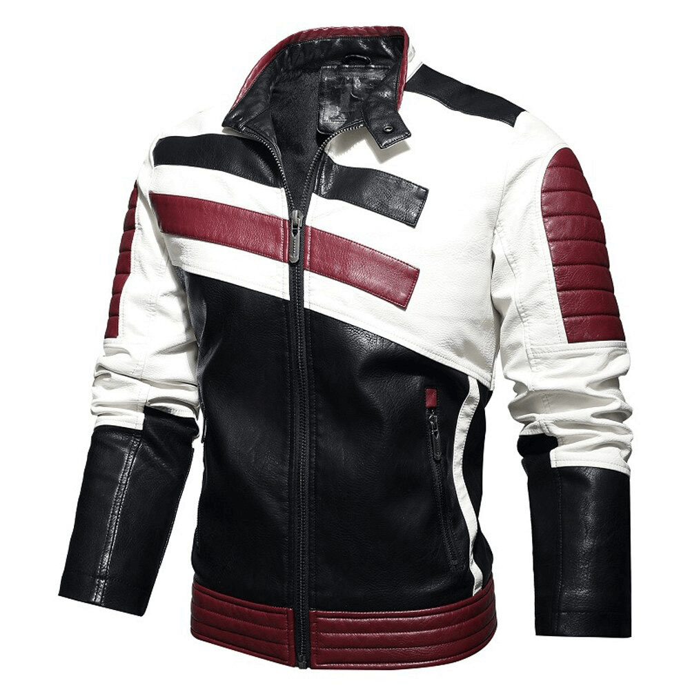 Stylish men's zipper PU jacket in black, white, and maroon perfect for autumn motorcycle rides and casual outings.
