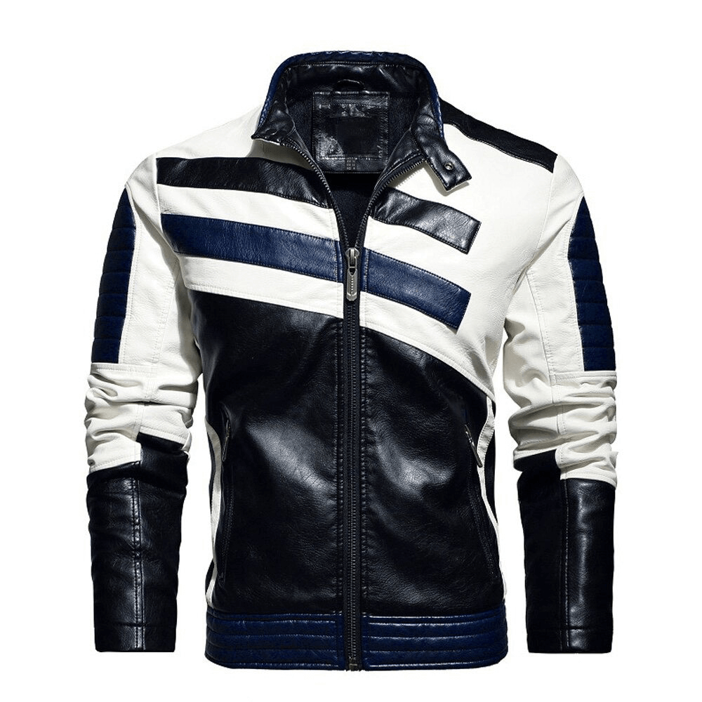 Stylish men's zipper PU jacket in black and white, perfect for autumn and motorcycle rides.