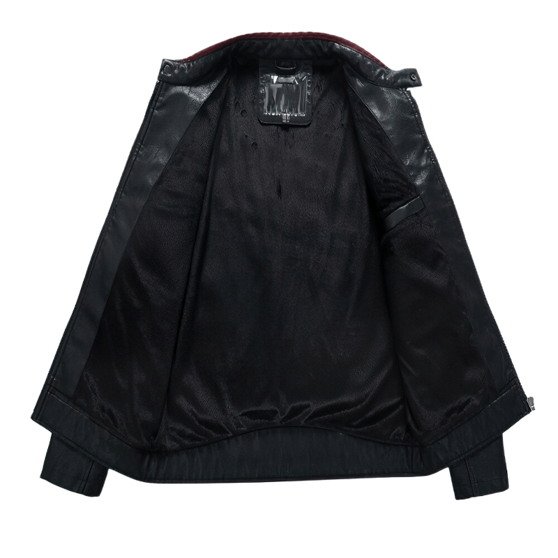 Inside view of a stylish men's zipper PU motorcycle jacket showcasing its sleek black lining.