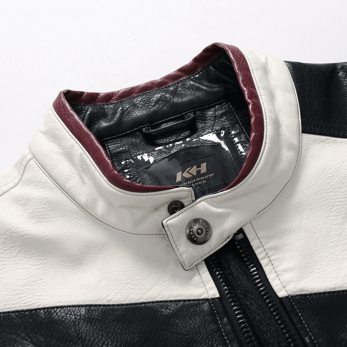 Close-up of a men's PU leather jacket showcasing the stylish collar and zipper detail, perfect for bikers.