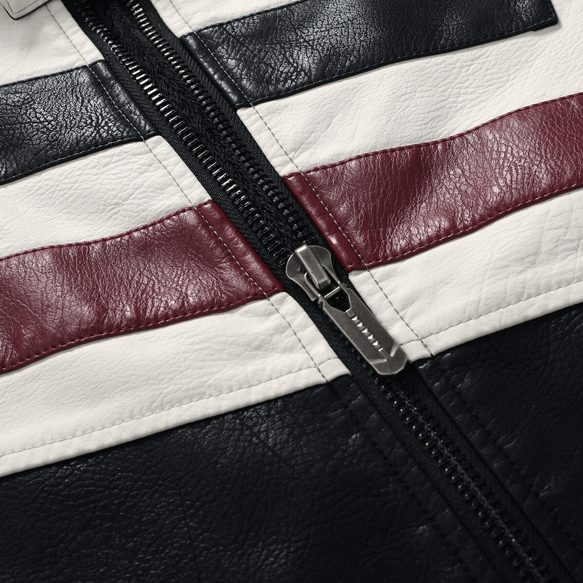 Close-up of stylish men's zipper PU jacket with black, white, and maroon stripes, perfect for biker fashion.