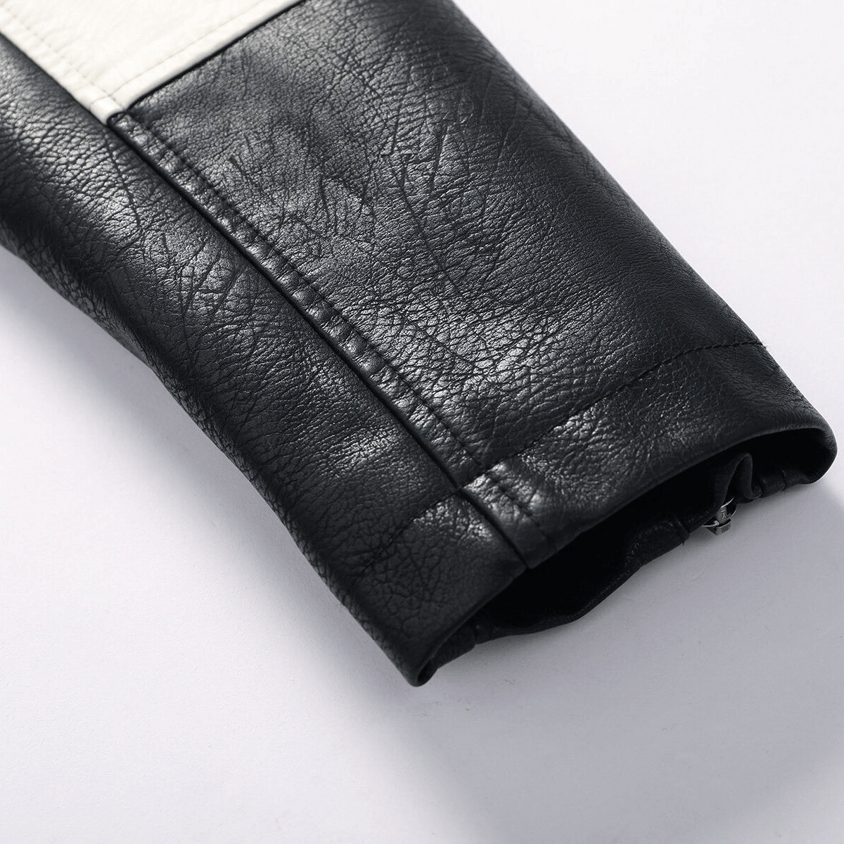 Close-up of the stylish black sleeve of a men's PU motorcycle jacket, showcasing premium leather texture and zipper details.