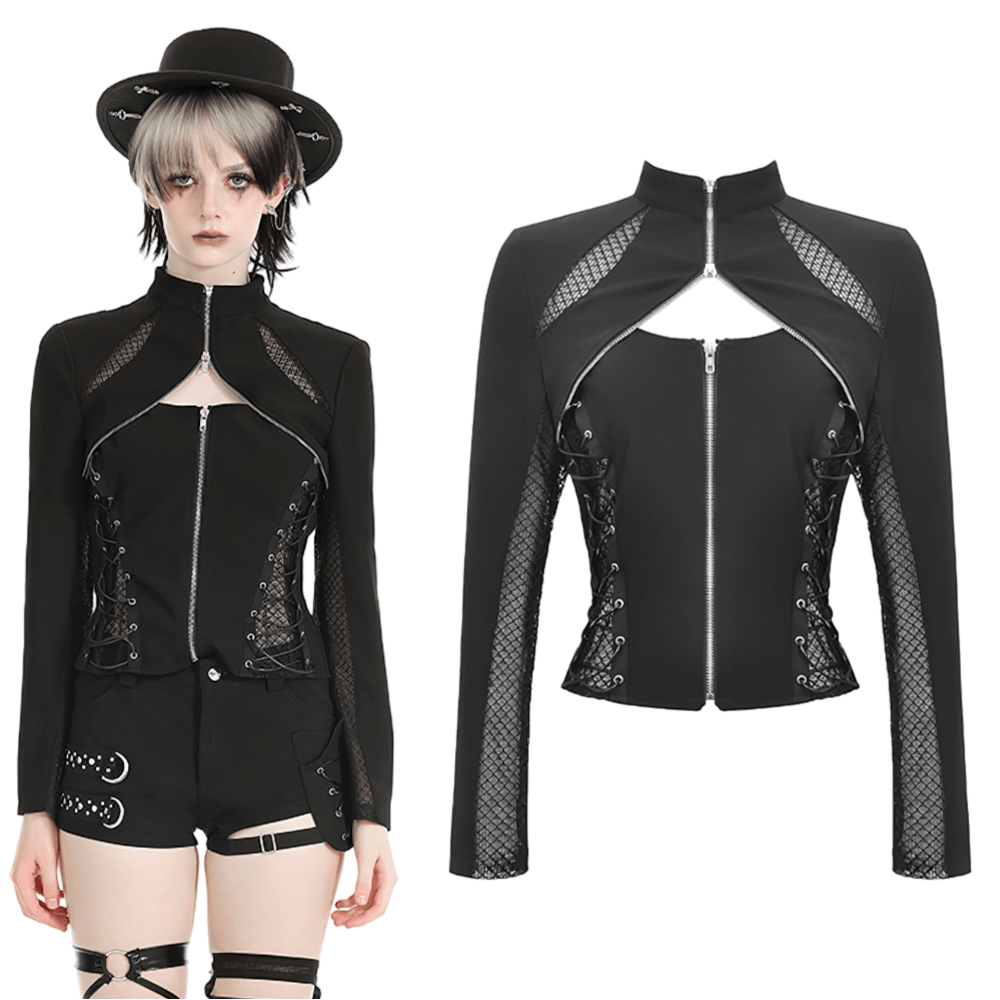 Fashion Mesh Panel High Collar Women's Jacket with Zipper