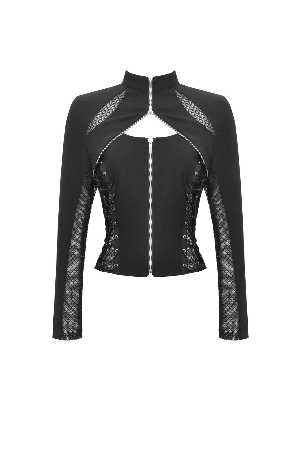 Edgy high collar women's jacket with mesh panel detailing and zipper for a striking fashion statement.