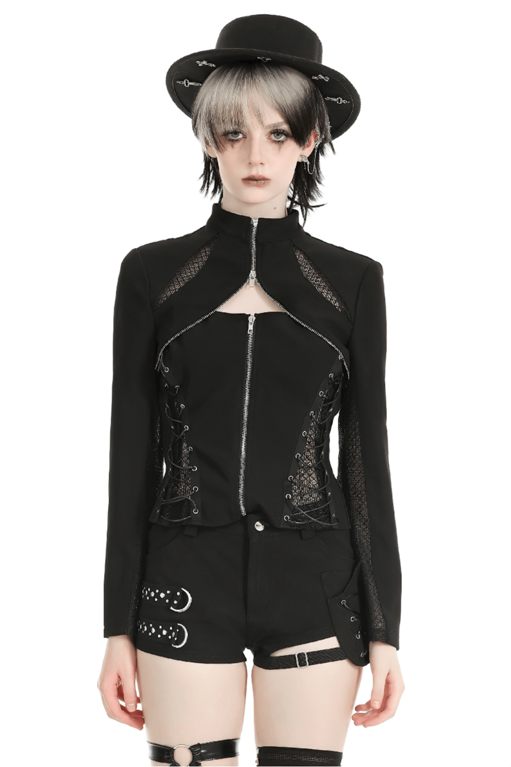 Fashion mesh panel high collar women's jacket with zipper and edgy lace-up details.