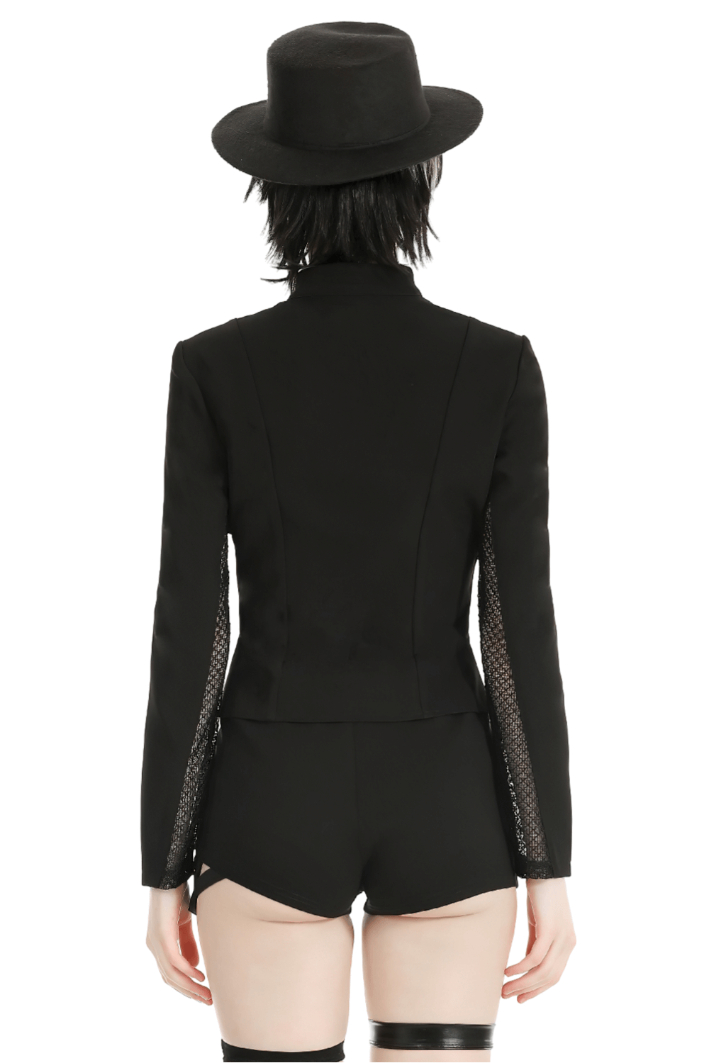 Back view of women's edgy high collar jacket with mesh panels and stylish hat.