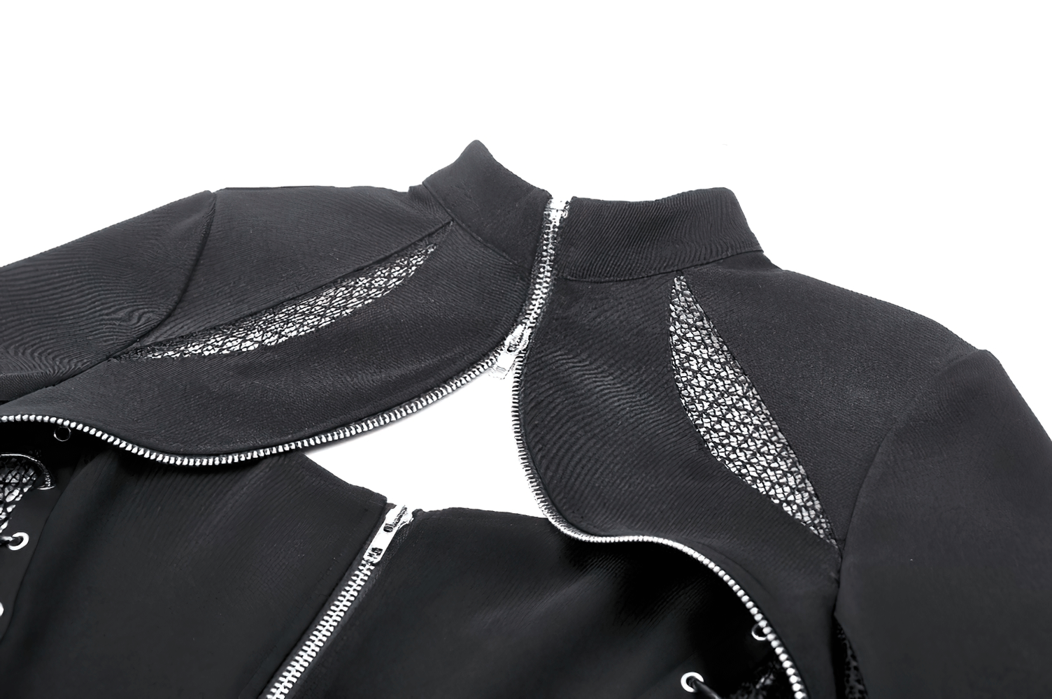 Close-up of a fashionable high collar women's jacket with mesh detailing and zipper accents.