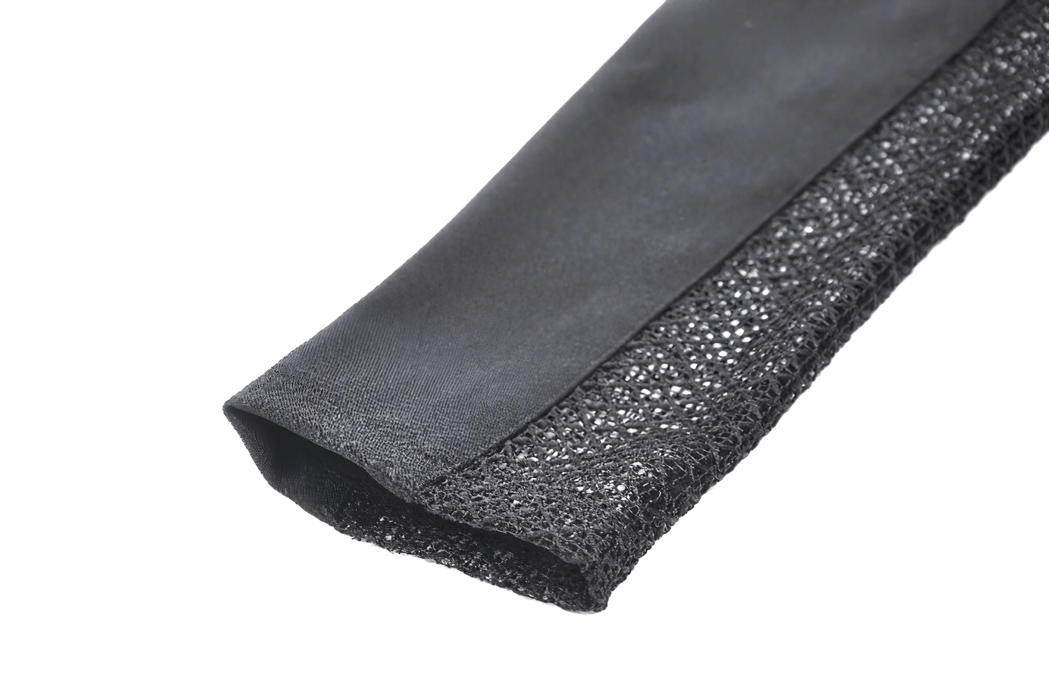 Close-up of the mesh panel and fabric detail on a stylish high collar women's jacket.