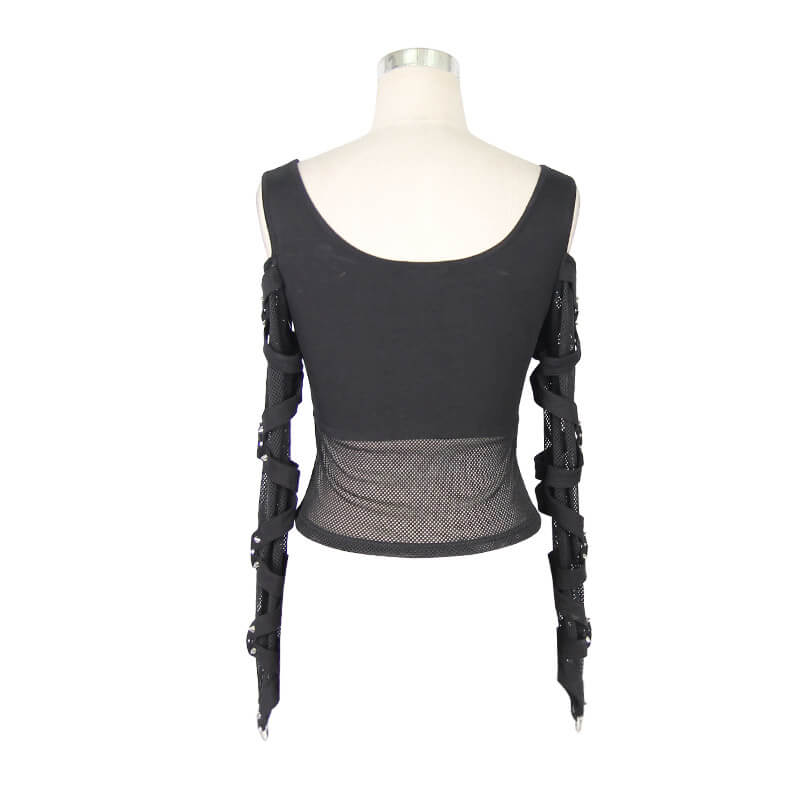 Fashion Mesh Sexy Transparent Long Sleeve Top / Gothic Women's Black Fit Slim Tops with Spikes - HARD'N'HEAVY