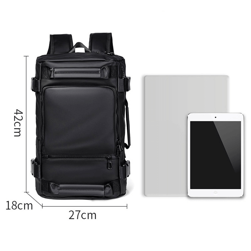 Men's multifunctional waterproof backpack in sleek black, measuring 42cm tall with tablet for size comparison.