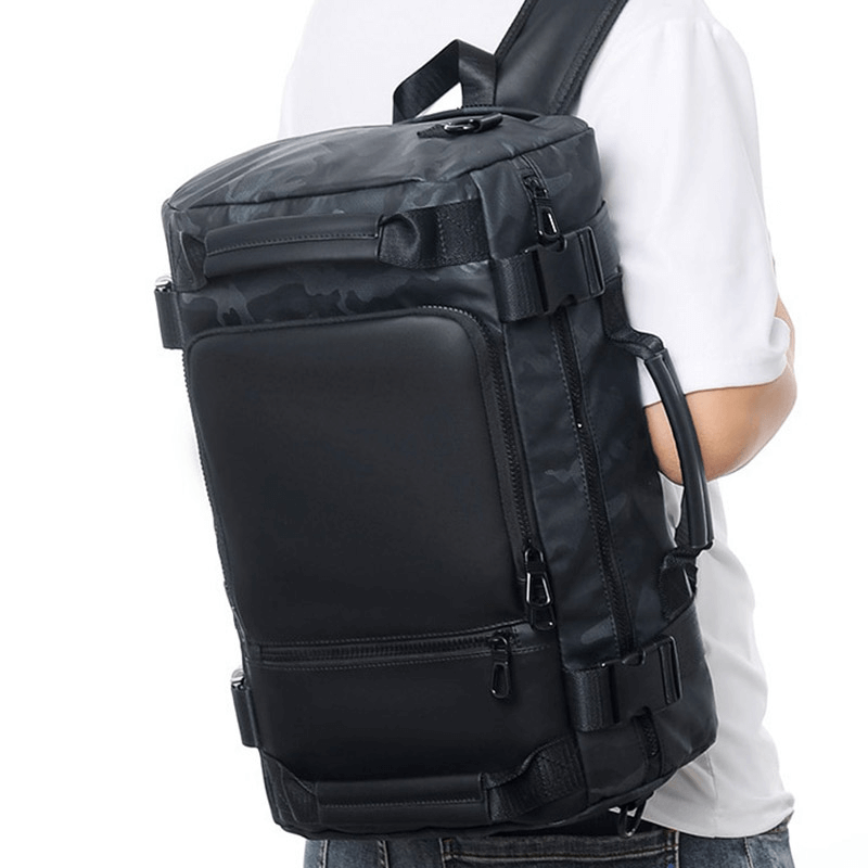 Stylish men's multifunctional waterproof backpack in black, perfect for outdoor adventures and casual outings.