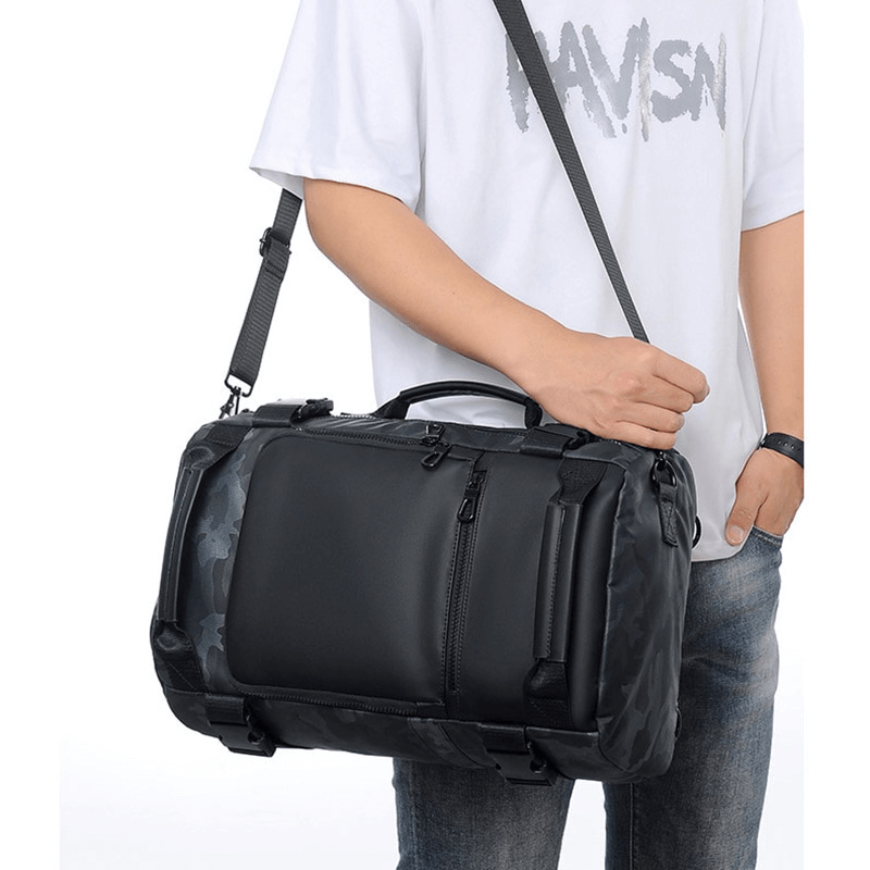Stylish man carrying a multifunctional waterproof backpack, perfect for outdoor adventures and casual travel.