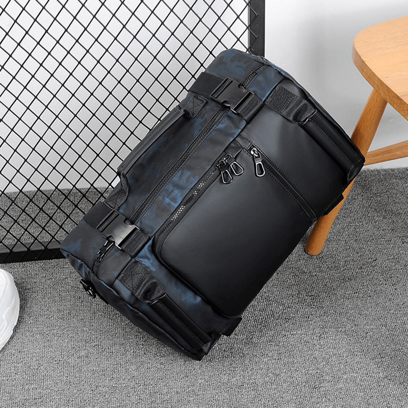 Stylish waterproof men's backpack resting against a chair, perfect for outdoor adventures and casual wear.