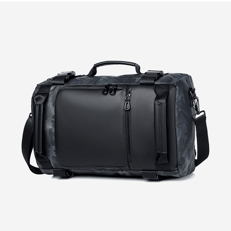 Stylish men's waterproof backpack in black with camouflage accents, perfect for outdoor adventures.