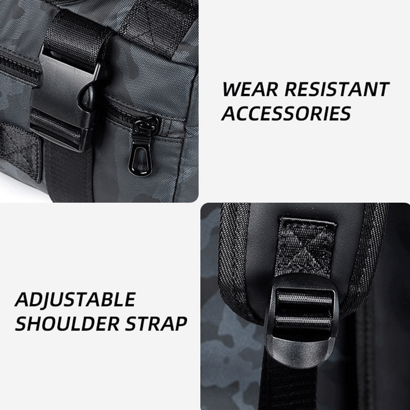 Close-up of a fashion multifunctional waterproof backpack showing wear-resistant accessories and adjustable shoulder strap.