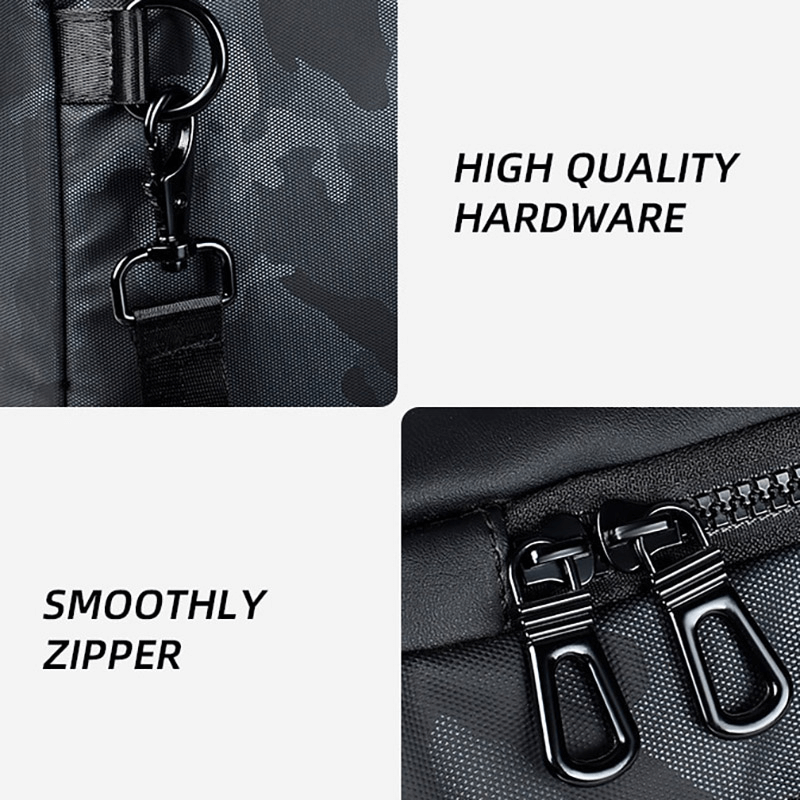 Close-up of high-quality hardware and smoothly functioning zippers on a waterproof multifunctional backpack.