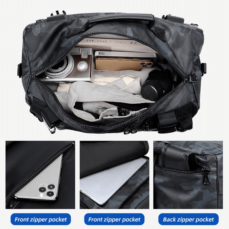 Inside view of multifunctional men's waterproof backpack, showing organized pockets for camera, phone, and laptop.