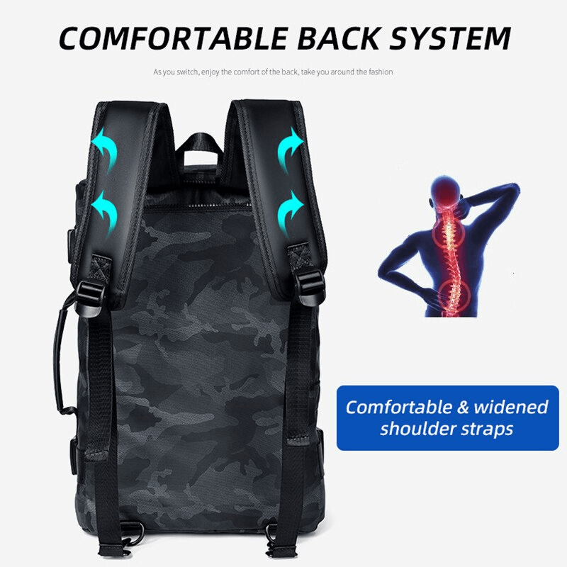 Men's waterproof backpack showcasing a comfortable back system and ergonomic shoulder straps for outdoor adventures.