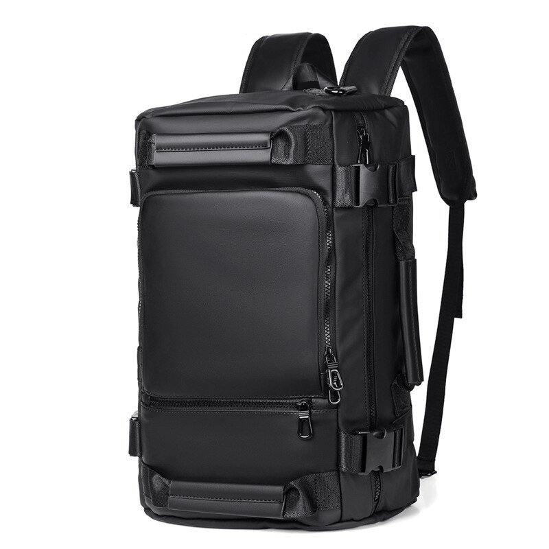 Stylish men's multifunctional waterproof backpack in sleek black design, ideal for outdoor adventures and daily use.