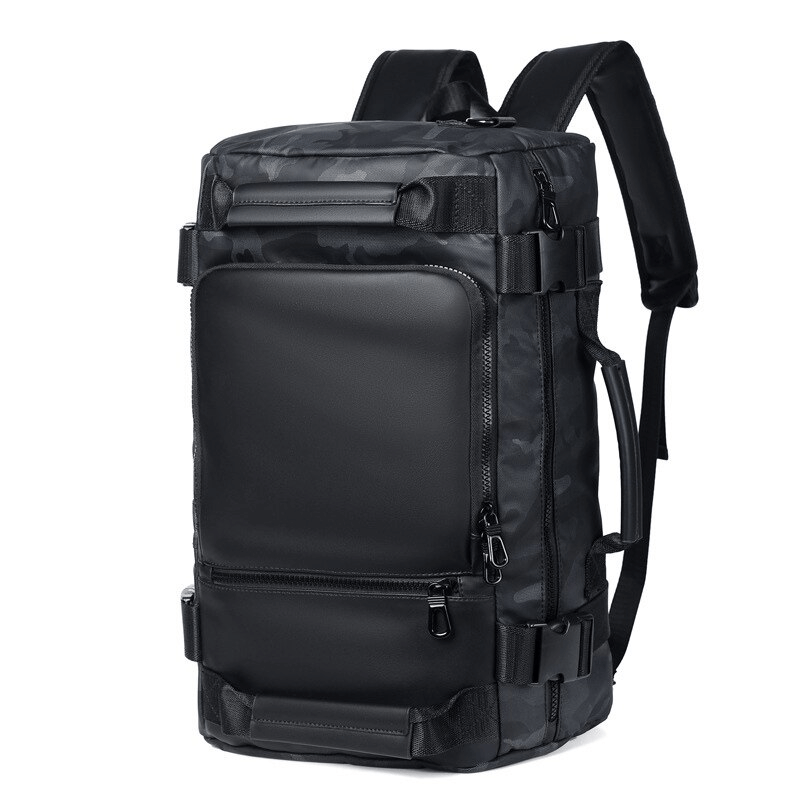 Men's multifunctional waterproof backpack in stylish black design, perfect for outdoor adventures and casual use.