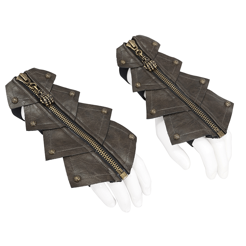 Fashionable men's brown PU leather bandage gloves with gothic style and skull zipper details.