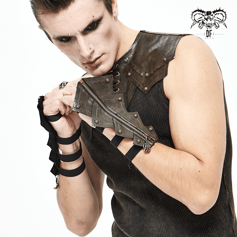Man showcasing gothic brown PU leather bandage gloves with skull zipper, perfect trendy accessory for a stylish look.