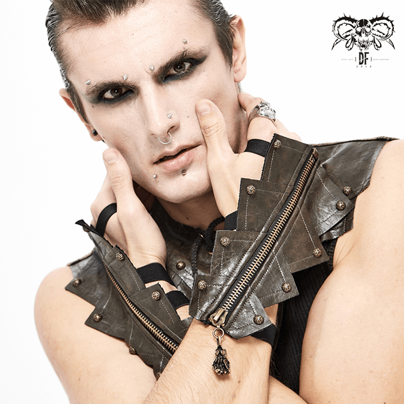 Men's gothic fashion model wearing stylish brown PU leather gloves with skull zipper and edgy accessories.