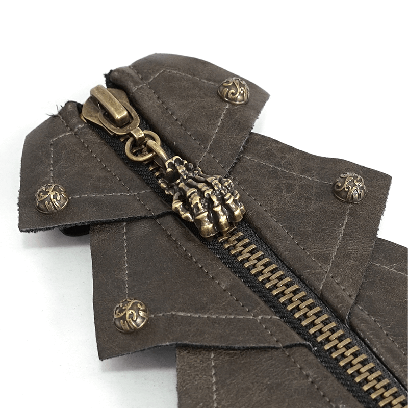 Close-up of gothic brown PU leather gloves zipper with skeleton slider detail, showcasing unique and trendy design.