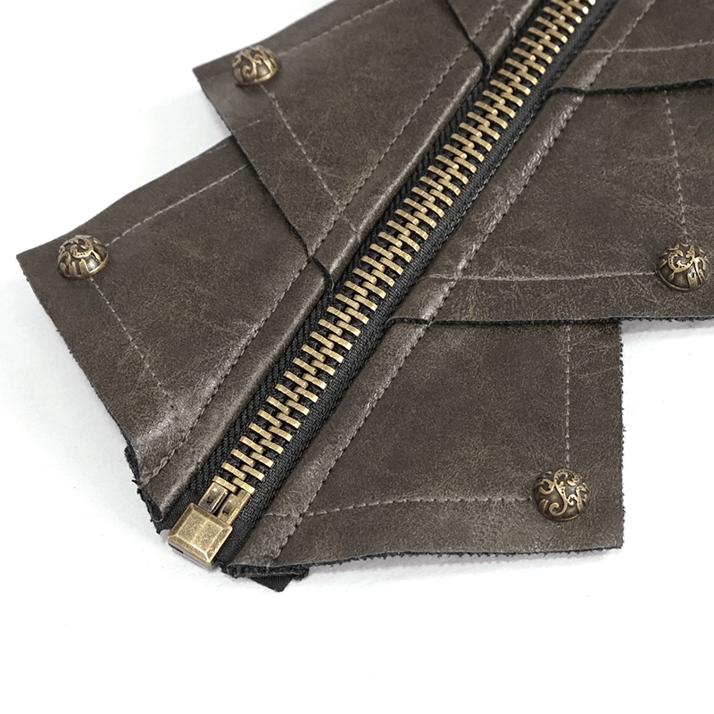 Close-up of brown PU leather gloves featuring a gold zipper and unique skull-shaped studs, perfect for gothic style.