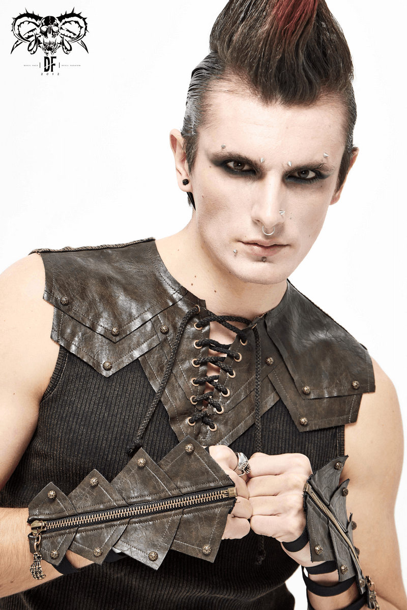 Gothic model showcasing edgy leather vest and accessories, perfect for a bold fashion statement.
