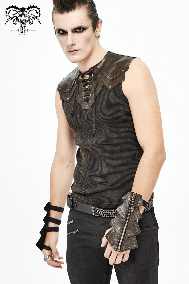 Gothic style model wearing sleeveless top and bandage gloves, showcasing edgy fashion vibes.