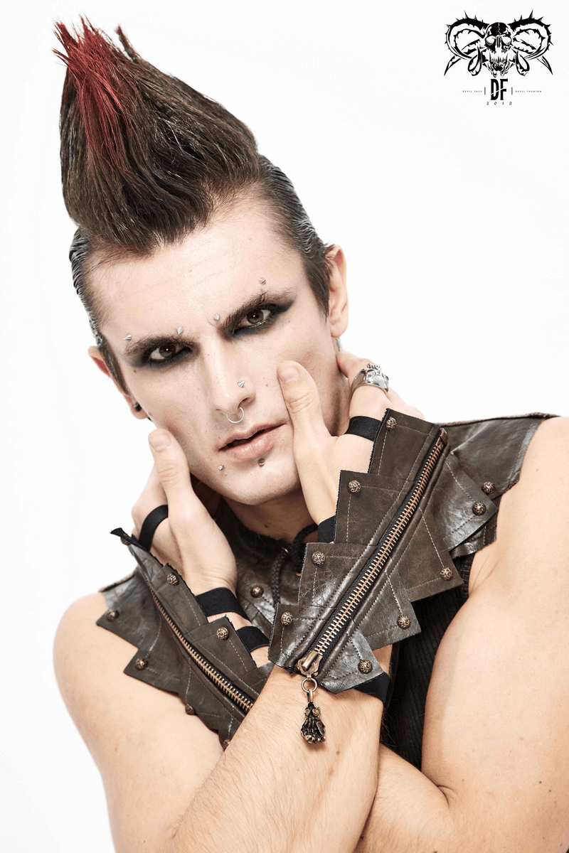 Gothic-style male model showcasing brown PU leather bandage gloves with skull zippers, exuding a trendy punk fashion vibe.