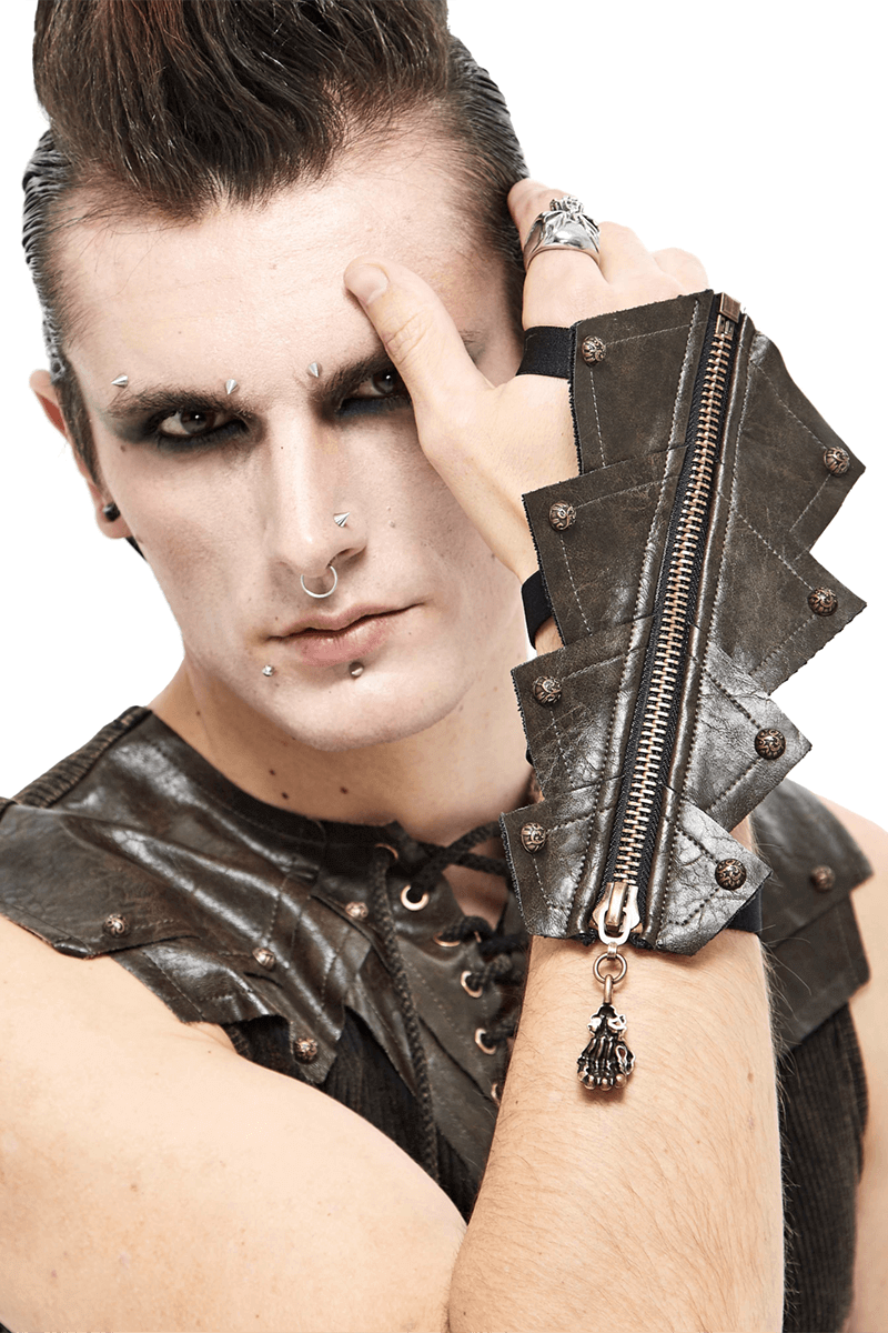 Stylish gothic man showcasing brown PU leather gloves with skull zipper detail, perfect for a trendy accessory look.