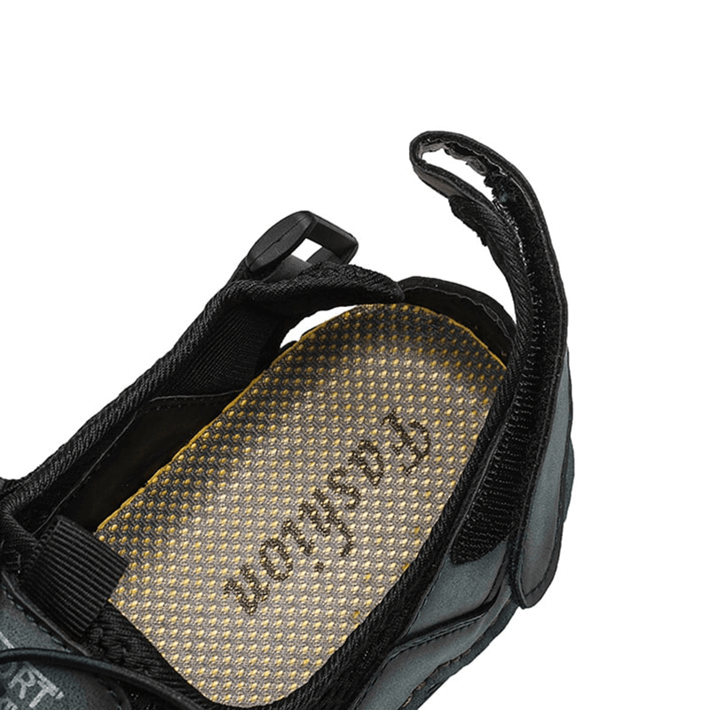 Close-up view of men's breathable black sandals showcasing non-slip design and comfortable insole.