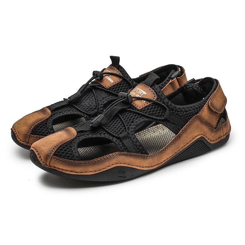 Men's breathable non-slip leather sandals for outdoor activities, featuring stylish black and brown design.