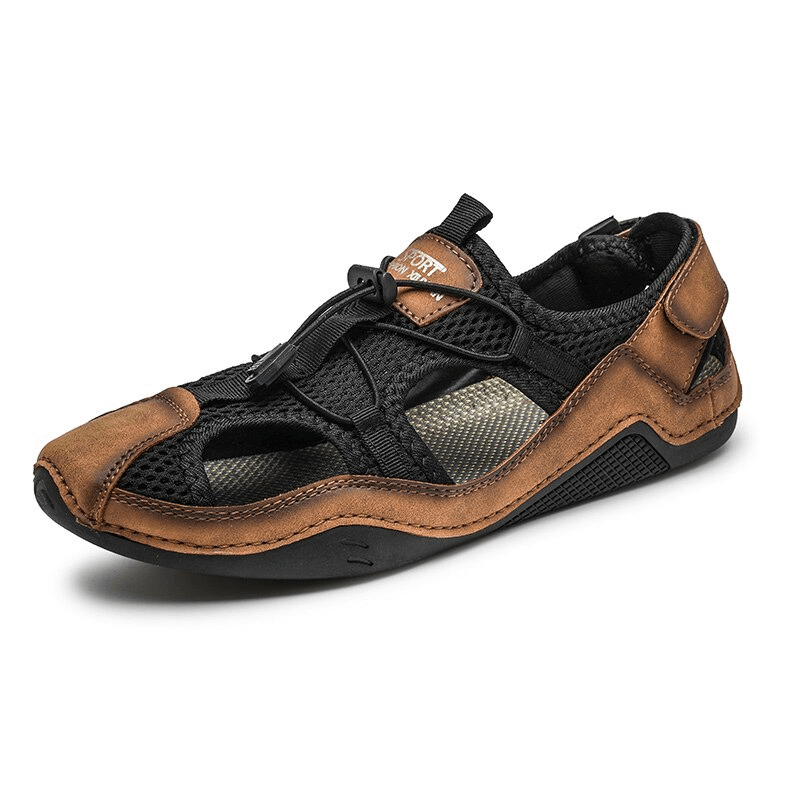 Men's outdoor non-slip leather sandals with breathable mesh, perfect for casual summer outings and stylish comfort.