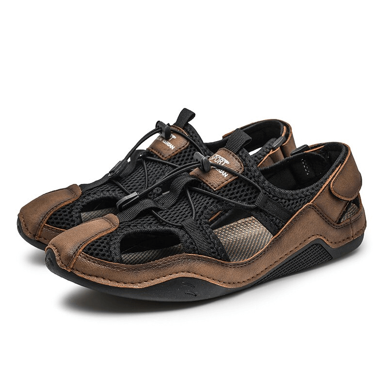 Stylish non-slip leather sandals for men, featuring breathable mesh and durable design for outdoor comfort.