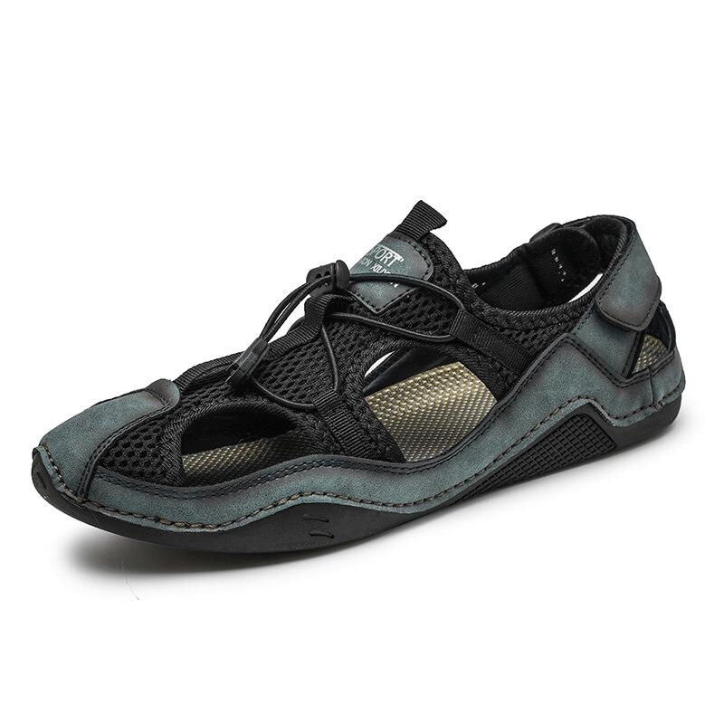 Fashionable men's non-slip leather sandals with breathable mesh design, ideal for outdoor casual wear.