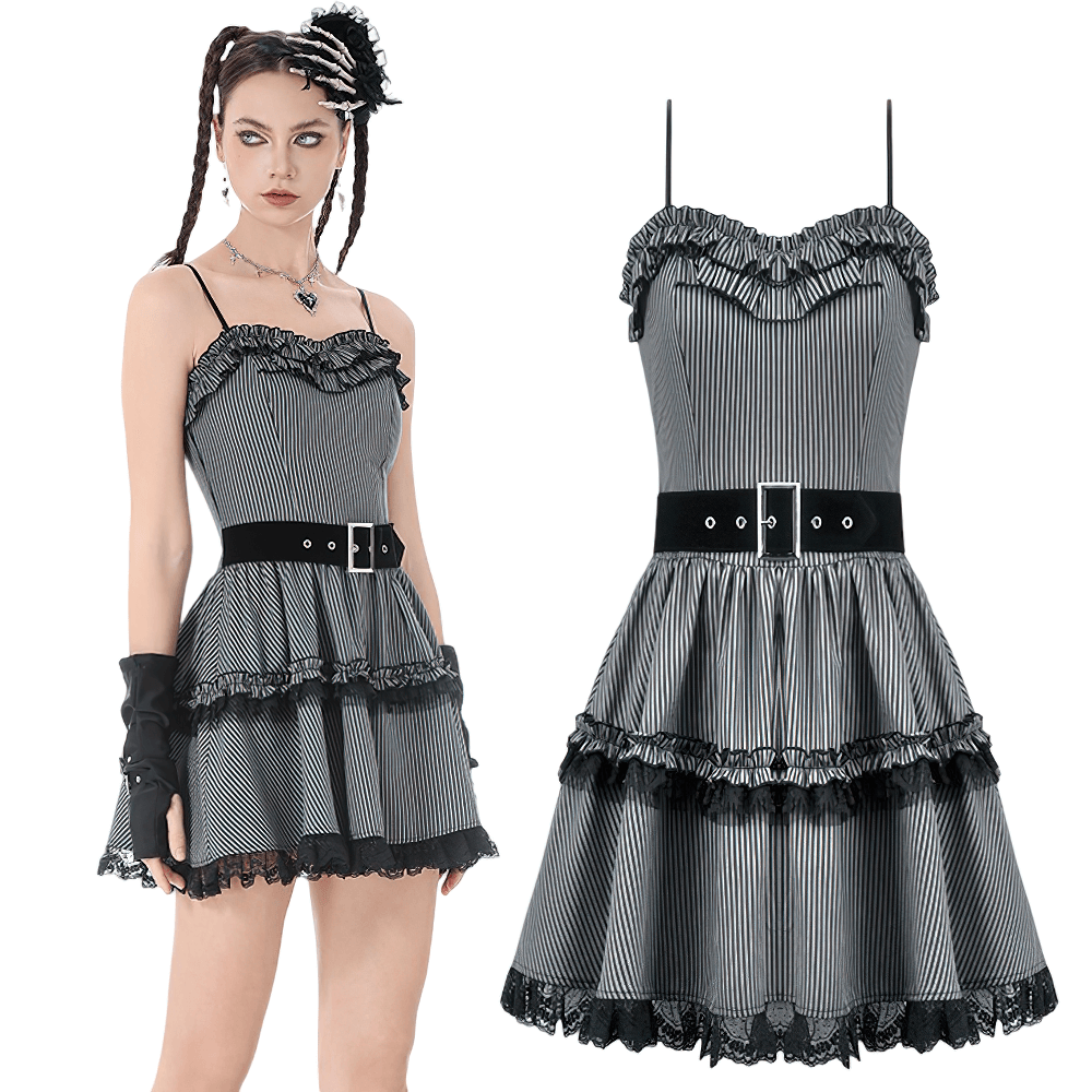 Fashion Pinstripe Ruffle Dress with Lace Hem and Belt featuring ruffled neckline and tiered skirt in gray.