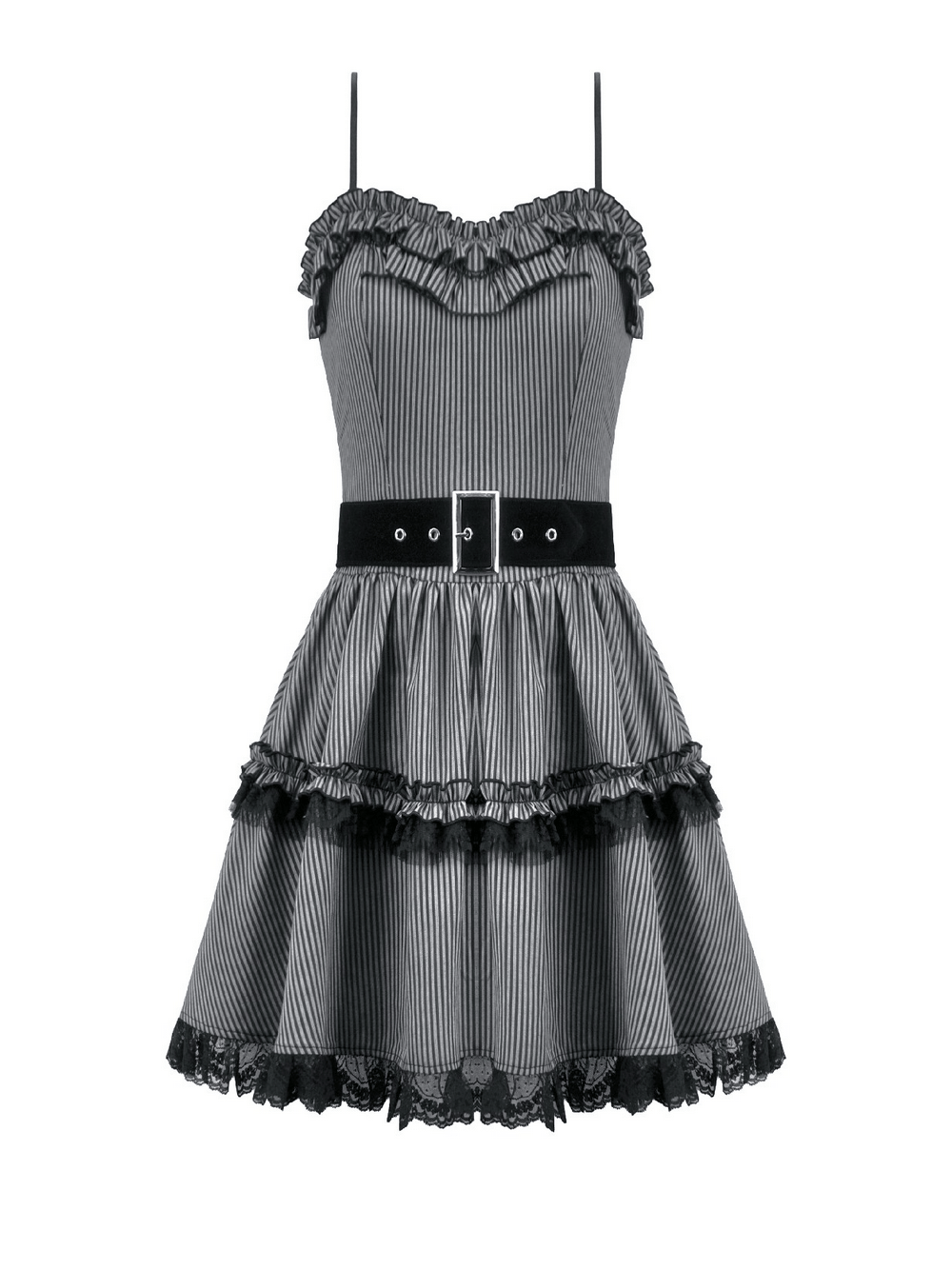 Fashion Pinstripe Ruffle Dress with Lace Hem and Belt featuring ruffled neckline and smocked back in gray pinstripe design.