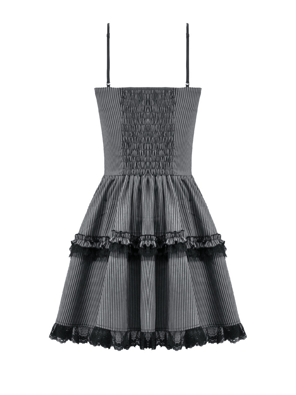 Fashion Pinstripe Ruffle Dress with Lace Hem and Belt showcasing a stylish smocked back and ruffled skirt.