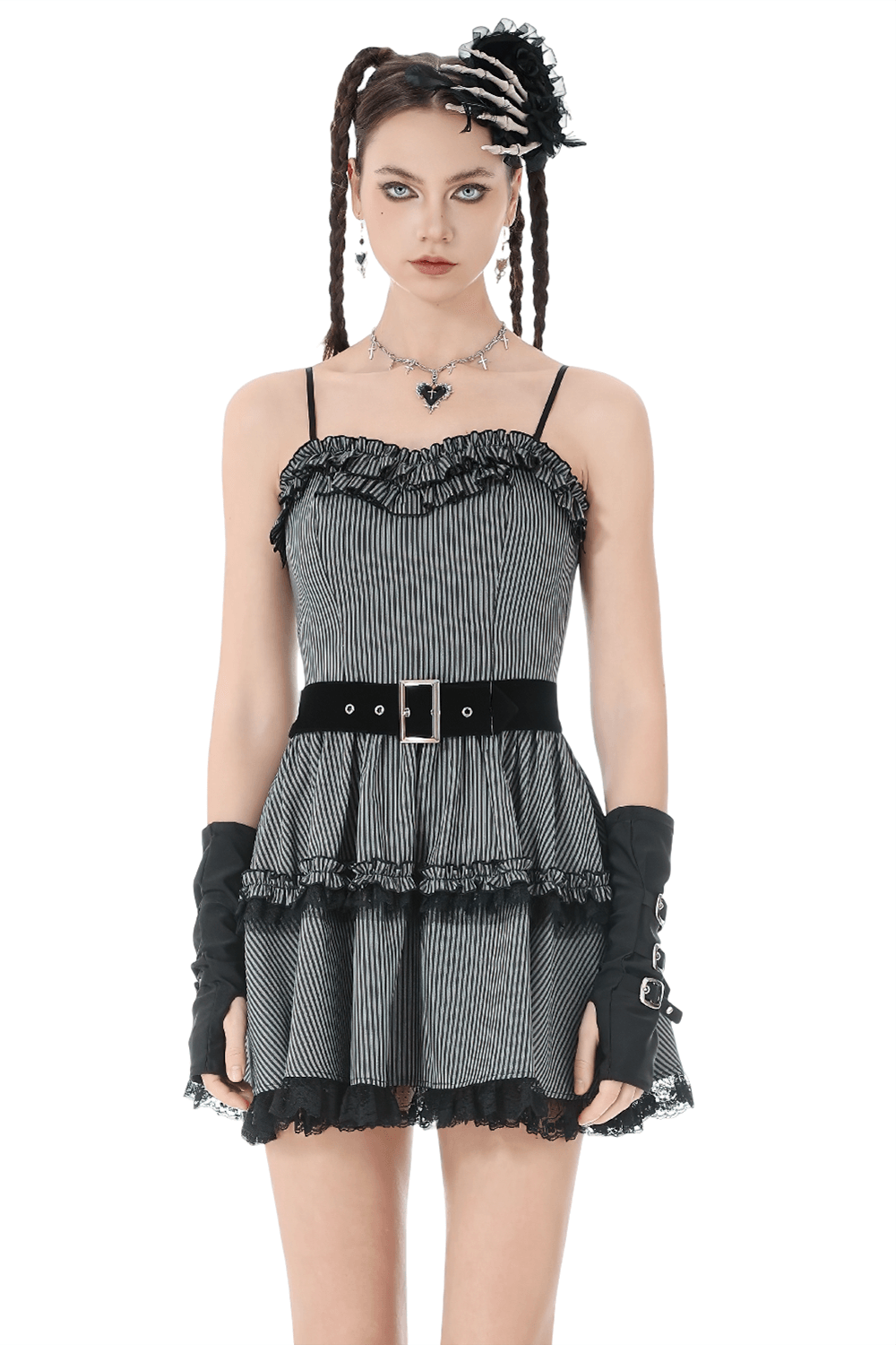 Fashion Pinstripe Ruffle Dress with Lace Hem and Belt worn by model with accessories and styled hair