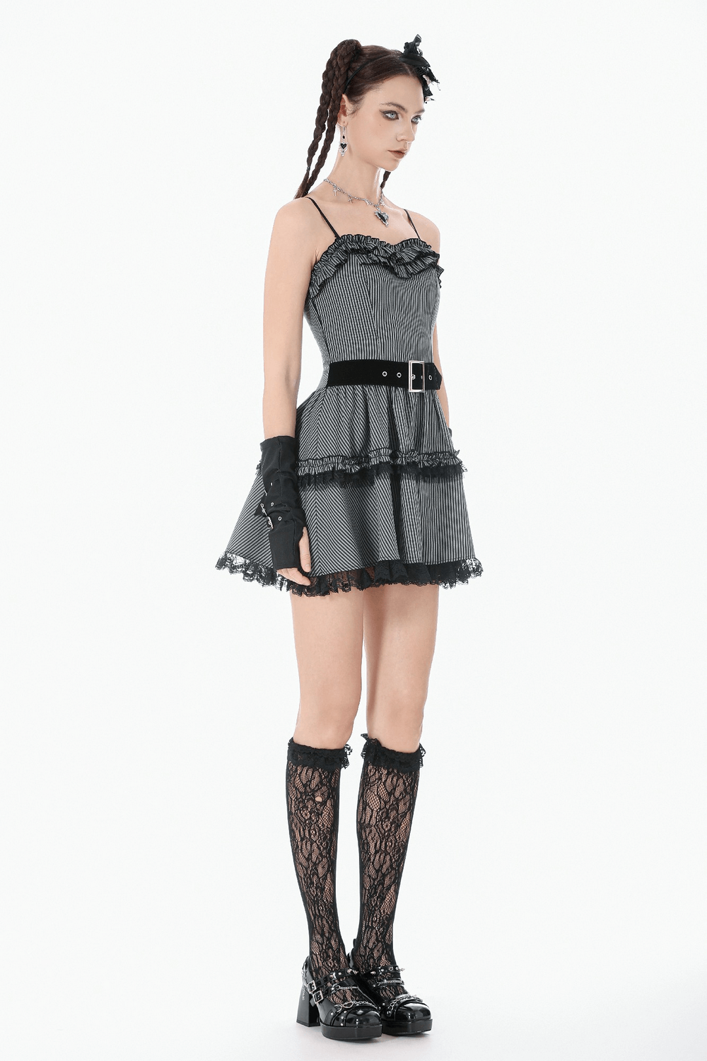 Fashion Pinstripe Ruffle Dress with Lace Hem and Belt showcased on a model with goth-lolita accessories.