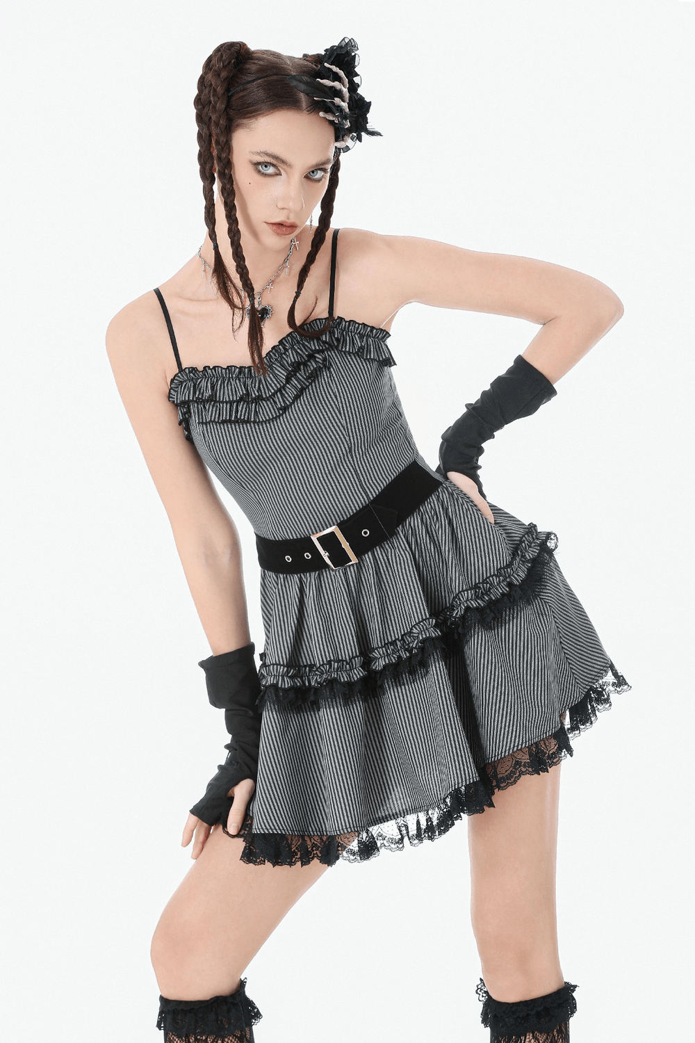 Fashion Pinstripe Ruffle Dress with Lace Hem and Belt showcased with ruffled neckline and tiered skirt.