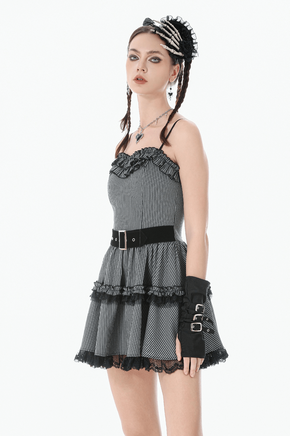 Fashion Pinstripe Ruffle Dress with Lace Hem and Belt on model showcasing gothic-lolita style and ruffled details.