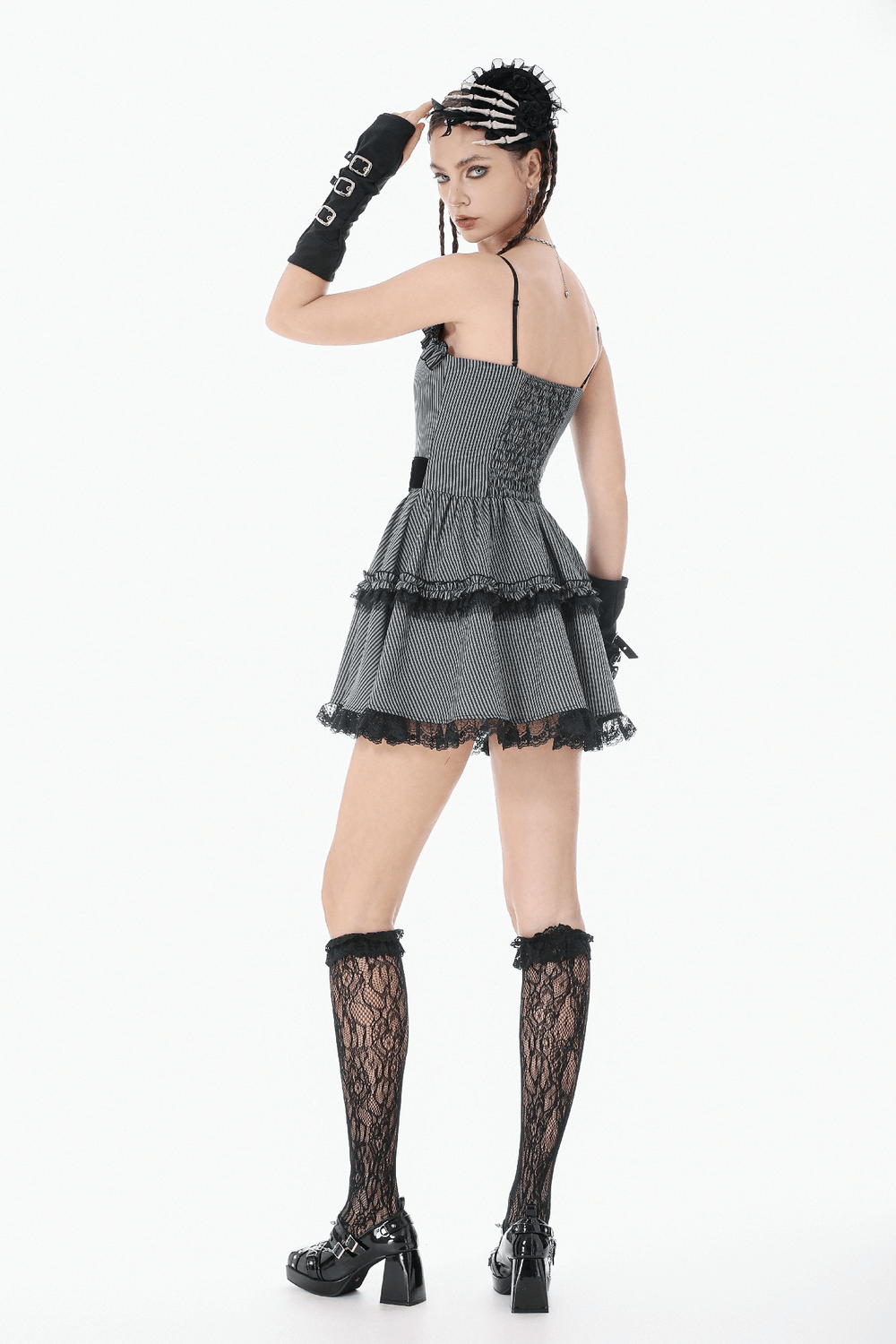 Fashion Pinstripe Ruffle Dress with Lace Hem and Belt, gray pinstripe dress with ruffled neckline and lace trim.