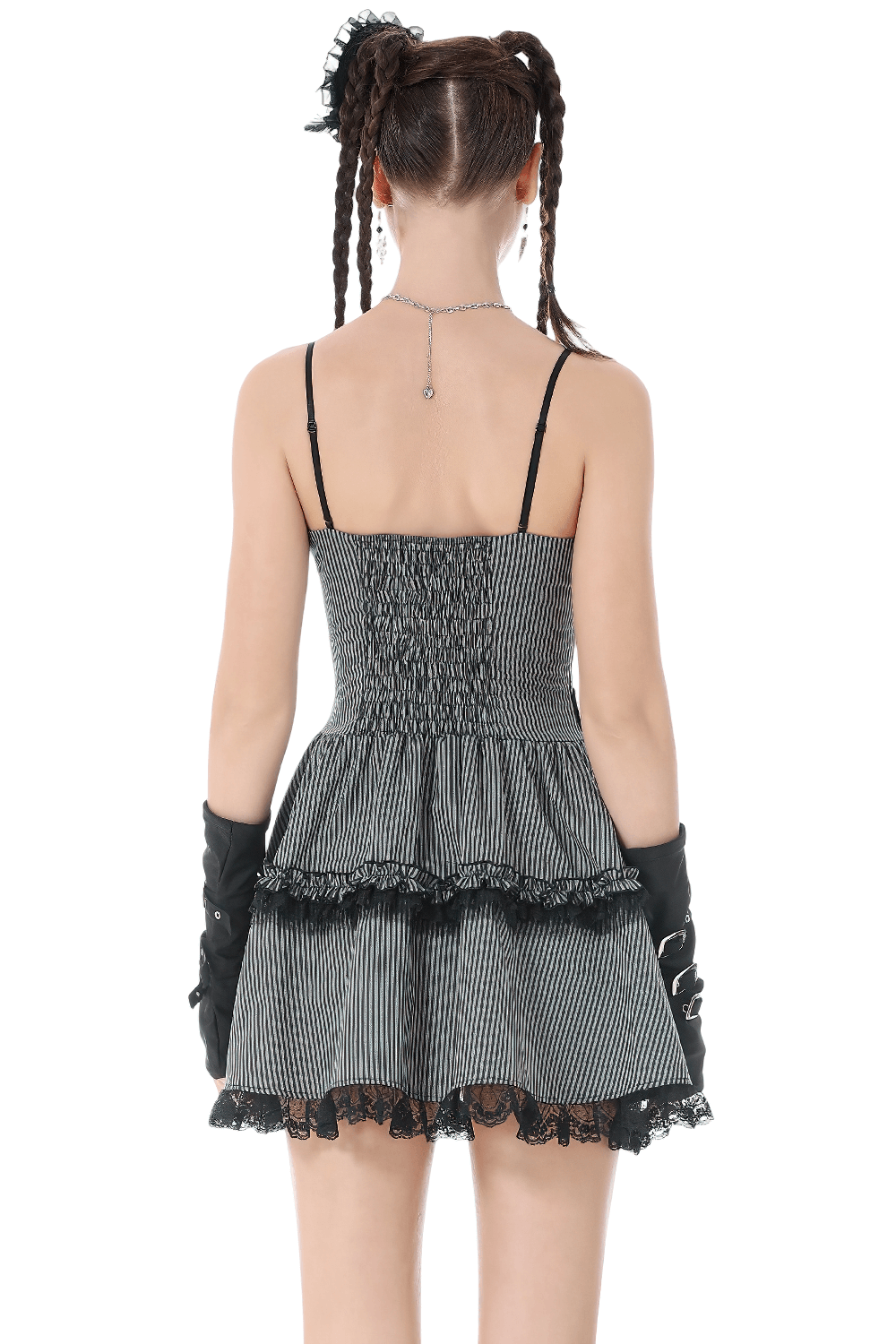 Fashion Pinstripe Ruffle Dress with Lace Hem and Belt displayed from the back, featuring a smocked back and tiered skirt.